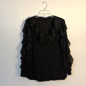 Perception Concept Womens Black Ruffle Long Sleeve Button Down Shirt Top XL
